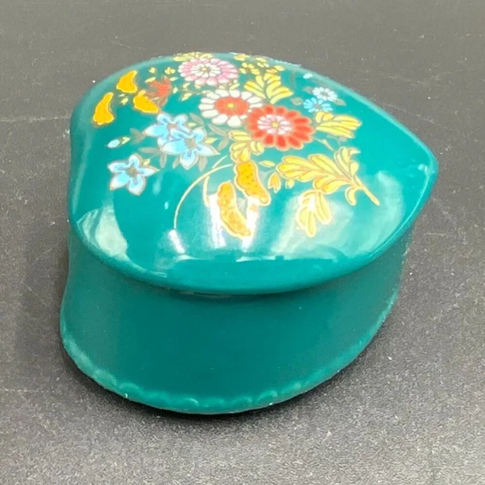 Teal Hand Painted Floral Heart Porcelain Trinket Box Made in Japan